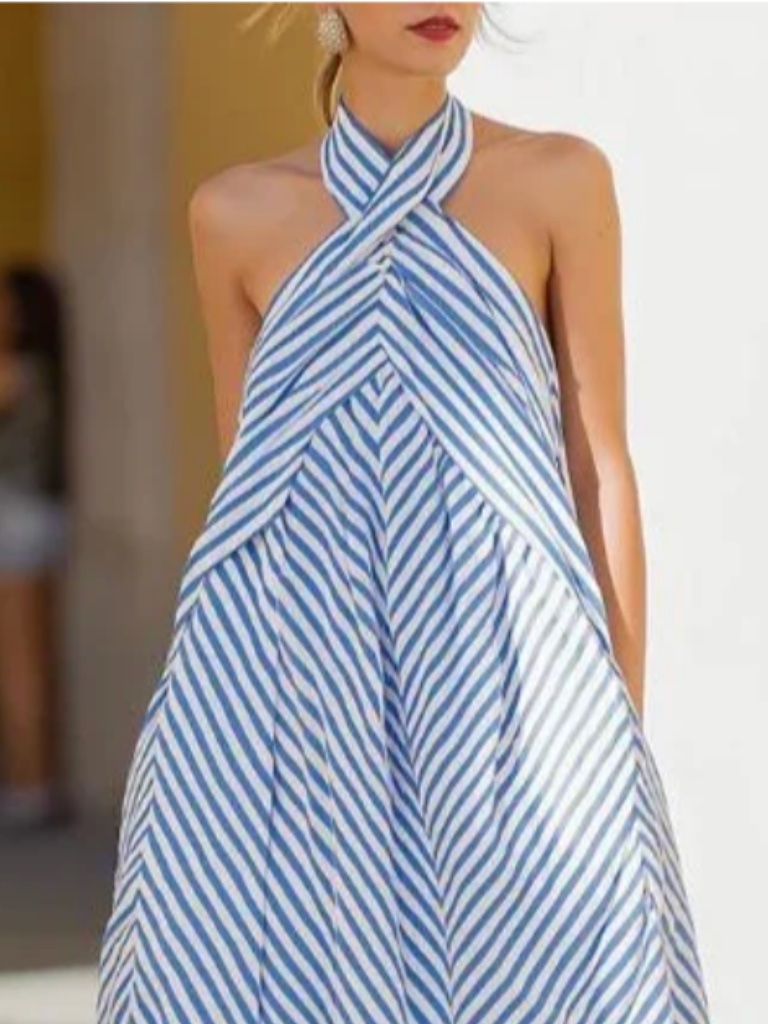 Nwt Momyknows Blue & White Halter Striped Coastal Maxi Dress Bump Friendly Sz L — image 3 of 4